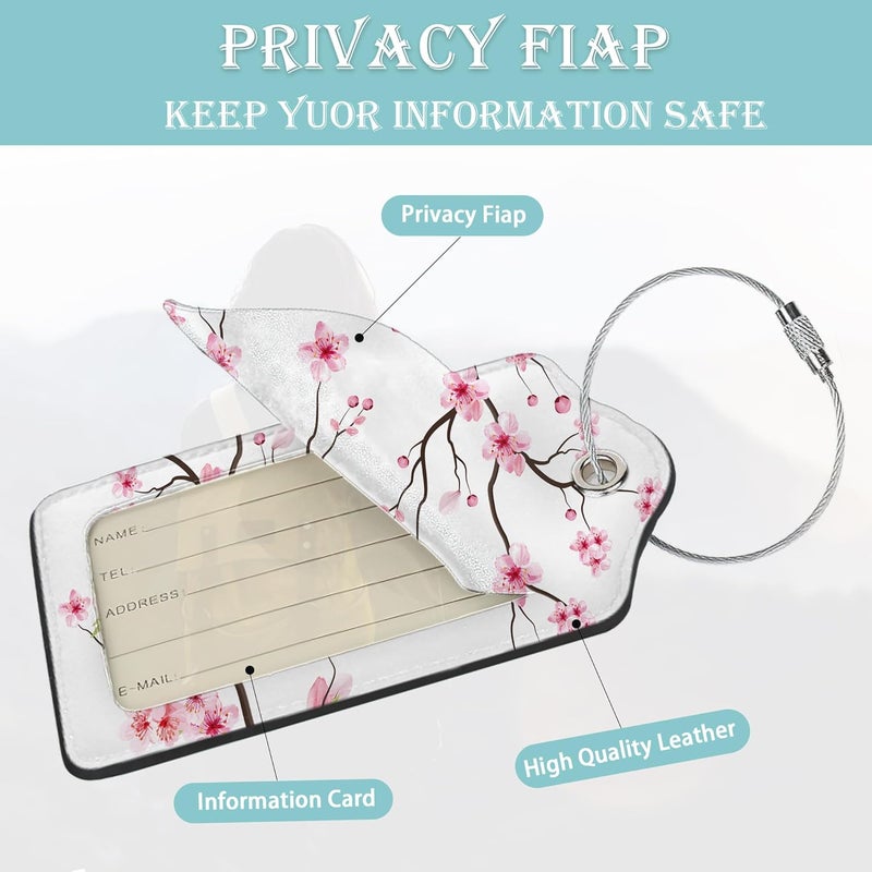SKYDAWNY Luggage Tags for Suitcase,2 Pack Japanese Cherry Blossom Tree Luggage Tag PU Leather Privacy Cover ID Label with Stainless Steel Loop for Women Men Teens Travel - Image 2